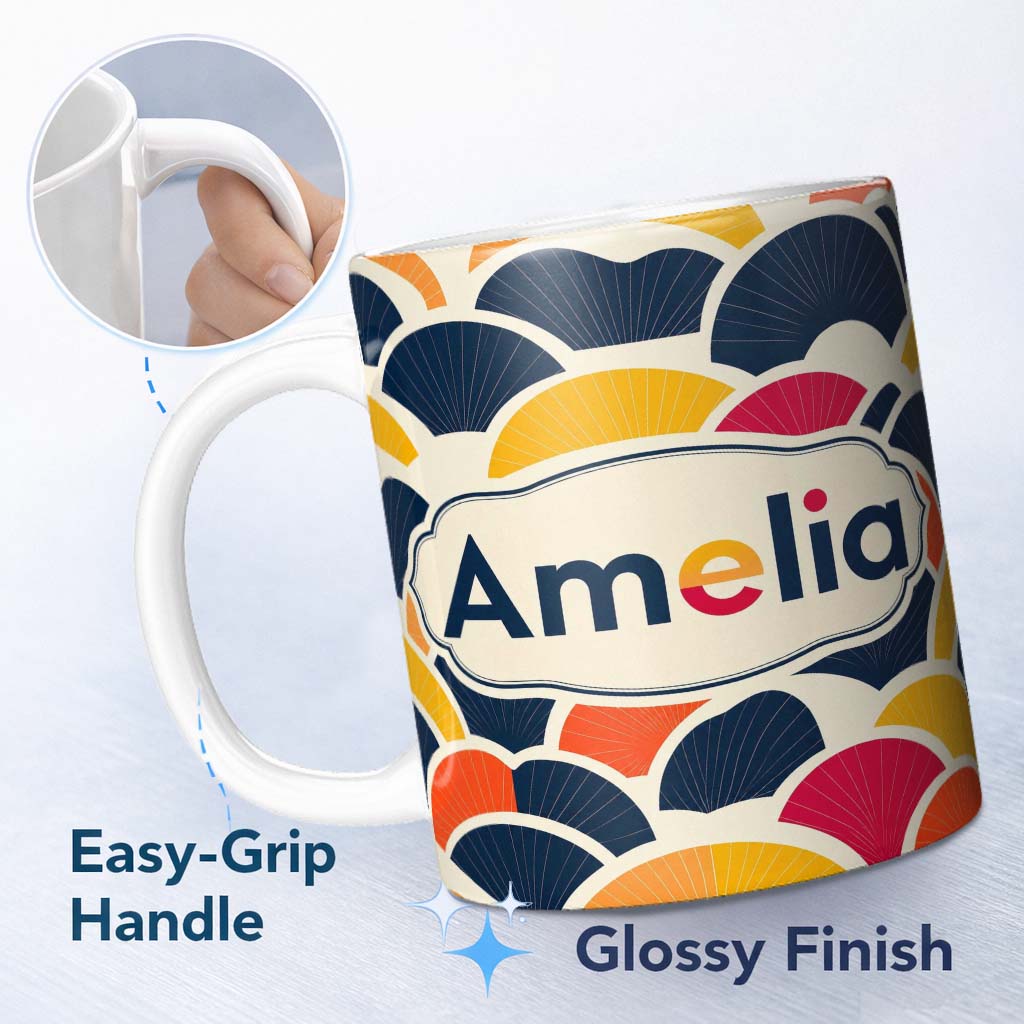 Personalized Custom Name Abstract Geometric Fan Shapes Overlap Seamless Pattern Name Cute 11oz Ceramic Coffee Tea Mug White Large Handle