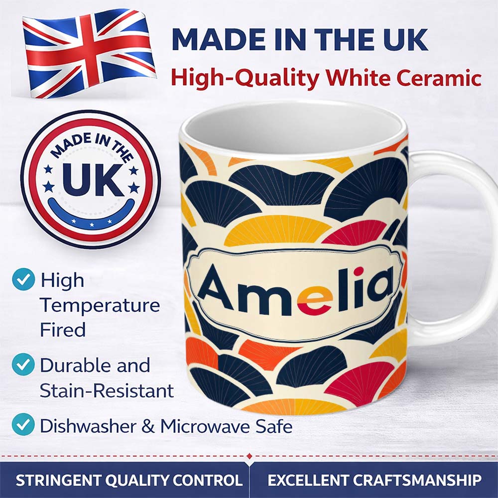 Personalized Custom Name Abstract Geometric Fan Shapes Overlap Seamless Pattern Name Cute 11oz Ceramic Coffee Tea Mug White Large Handle