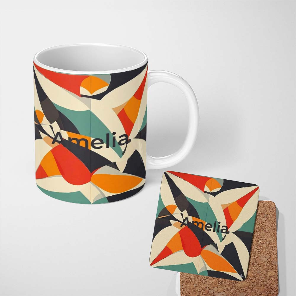 Personalized Custom Name Abstract Modern Cut Paper Shapes Flow Seamless Pattern Name Cute 11oz Ceramic Coffee Tea Mug White Large Handle