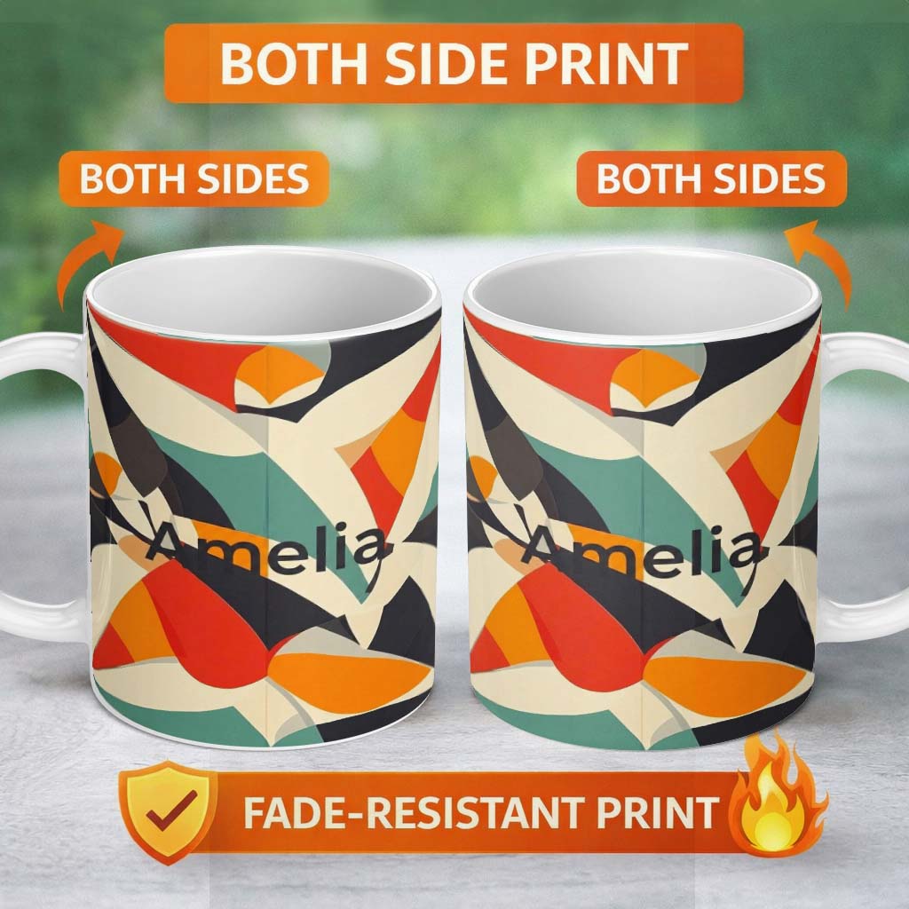 Personalized Custom Name Abstract Modern Cut Paper Shapes Flow Seamless Pattern Name Cute 11oz Ceramic Coffee Tea Mug White Large Handle