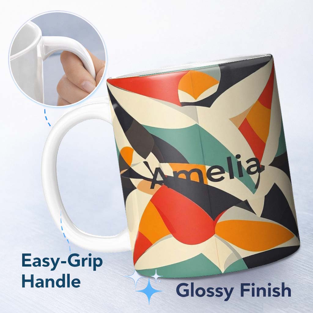 Personalized Custom Name Abstract Modern Cut Paper Shapes Flow Seamless Pattern Name Cute 11oz Ceramic Coffee Tea Mug White Large Handle