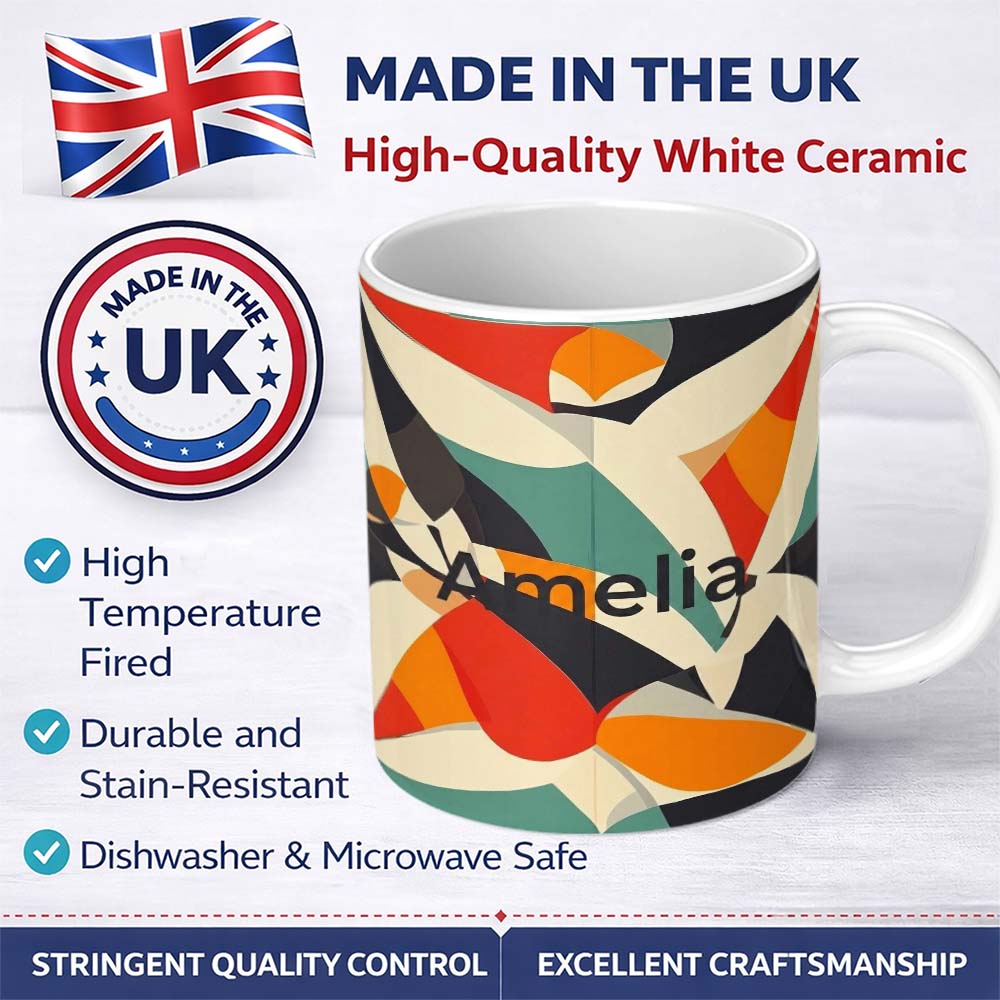 Personalized Custom Name Abstract Modern Cut Paper Shapes Flow Seamless Pattern Name Cute 11oz Ceramic Coffee Tea Mug White Large Handle