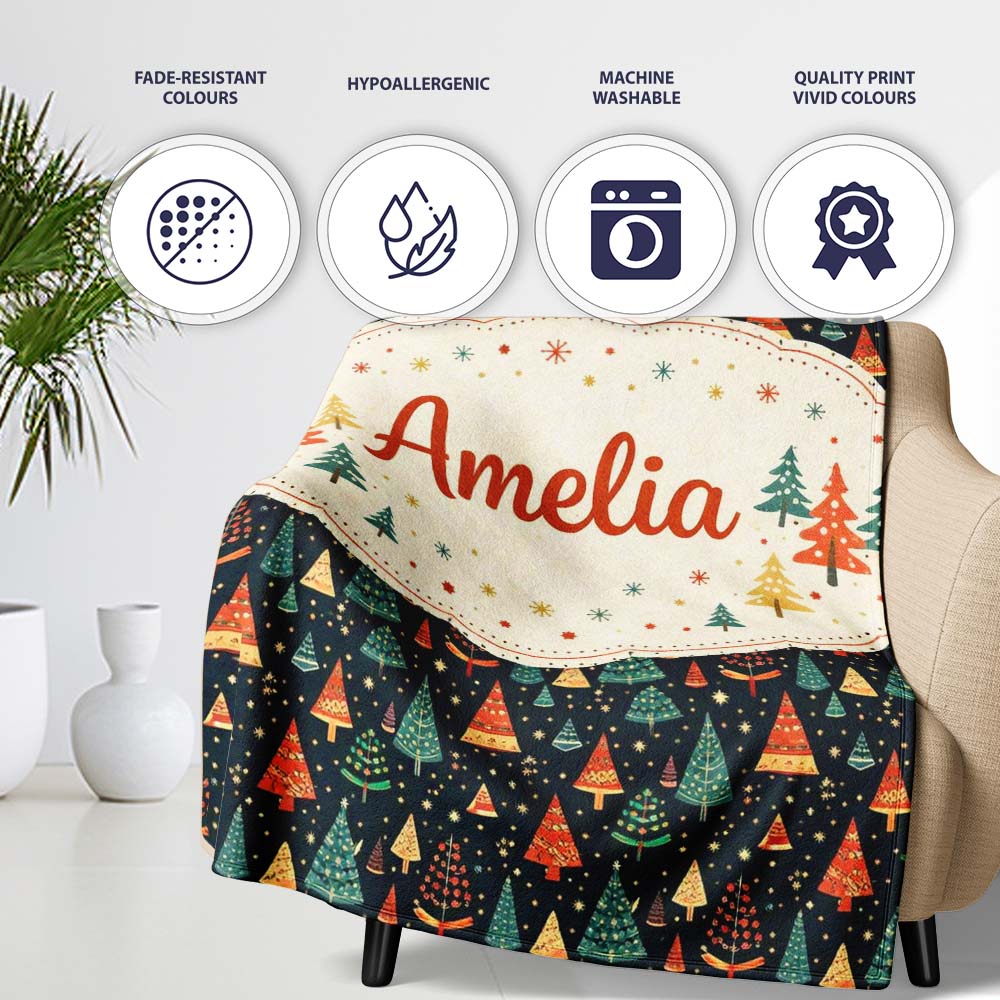 Christmas Tree Scandinavian Dark Background Seamless Pattern Lovely Personalised Custom Name Super Soft Fleece Blanket Bed Sofa Throw