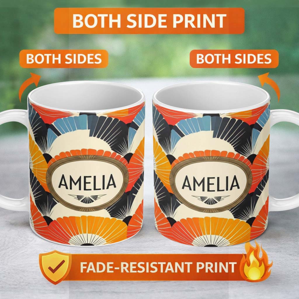 Personalized Custom Name Abstract Bold Fan Burst Layers Seamless Pattern Name Cute Unique 11oz Ceramic Coffee Tea Mug White Large Handle