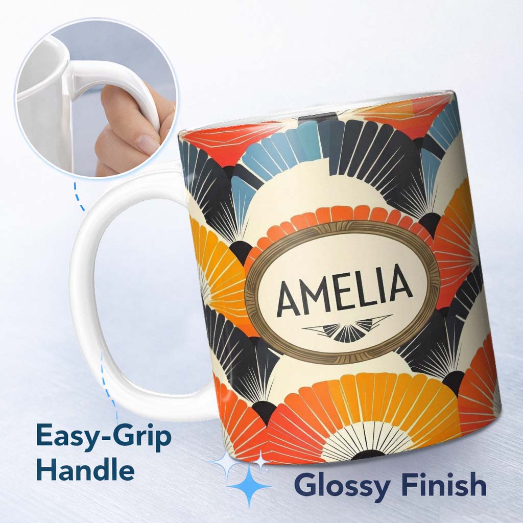 Personalized Custom Name Abstract Bold Fan Burst Layers Seamless Pattern Name Cute Unique 11oz Ceramic Coffee Tea Mug White Large Handle
