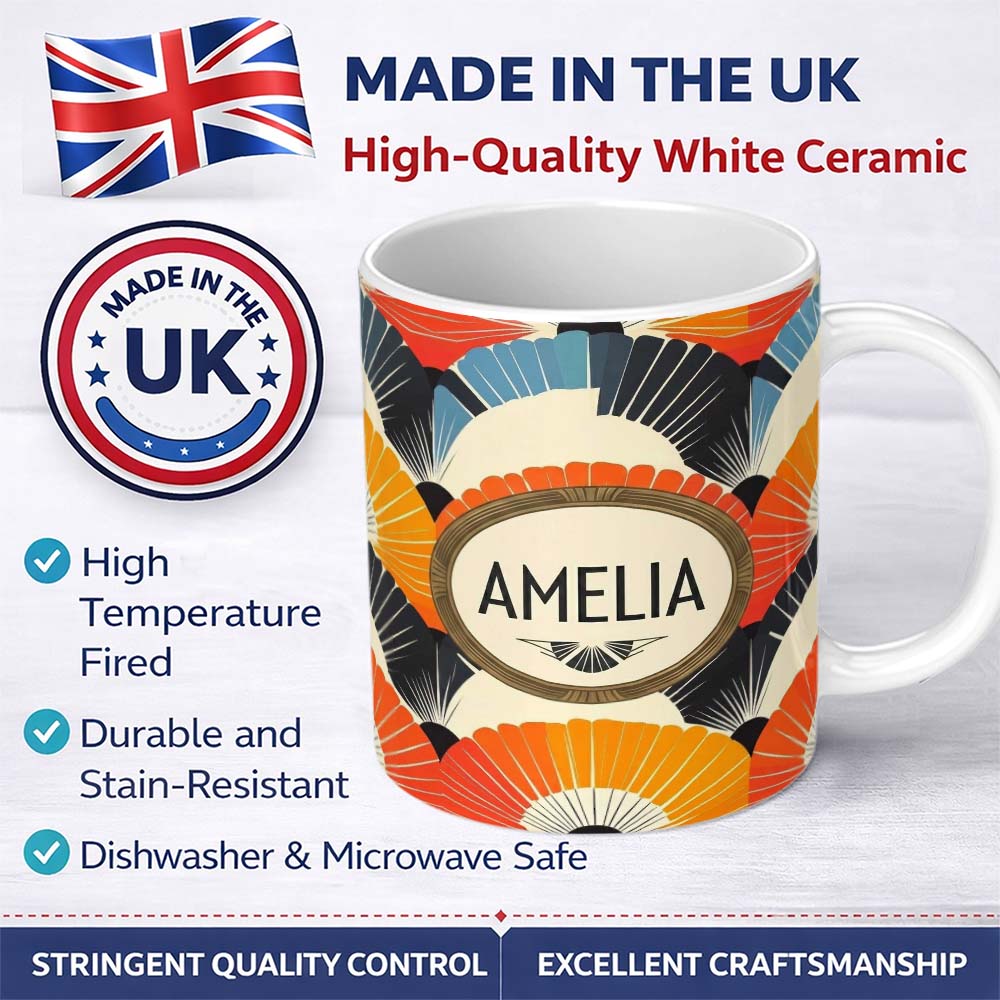 Personalized Custom Name Abstract Bold Fan Burst Layers Seamless Pattern Name Cute Unique 11oz Ceramic Coffee Tea Mug White Large Handle