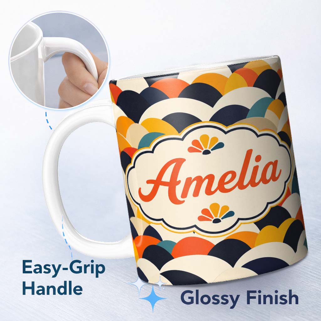 Personalized Custom Name Abstract Scallop Wave Hills Seamless Pattern Name Cute Unique Gift 11oz Ceramic Coffee Tea Mug White Large Handle