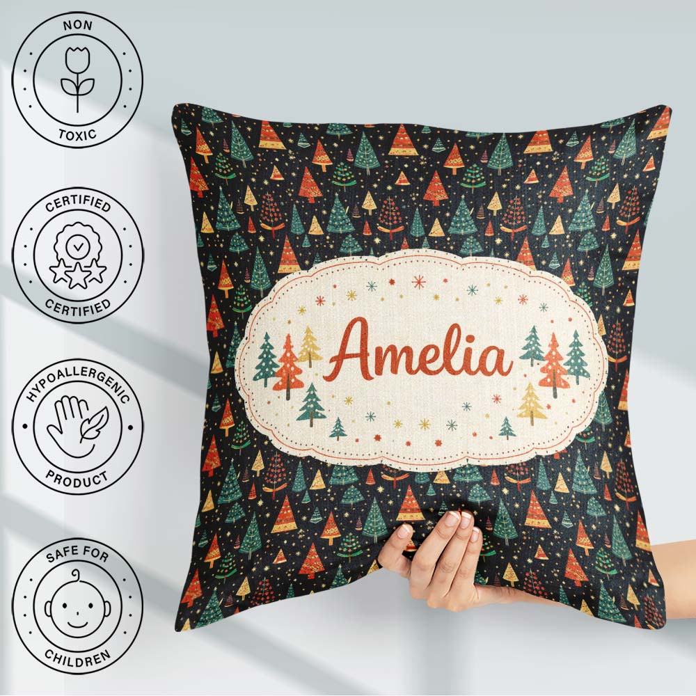 Custom Name Christmas Tree Scandinavian Dark Background Seamless Square Filled Cushion Throw Pillow Sofa Bed Home Decor Zip Washable UK Made