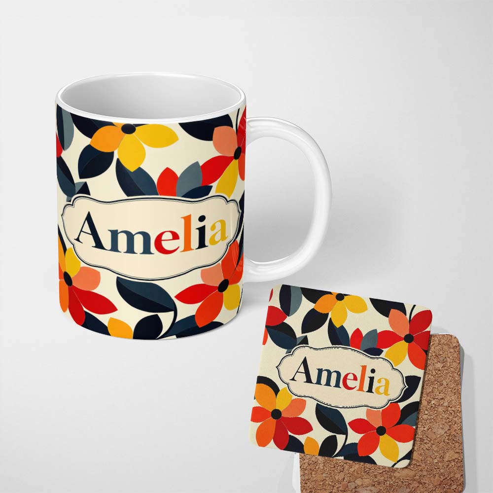 Personalized Custom Name Abstract Floral Petal Leaves Modern Seamless Pattern Name Cute 11oz Ceramic Coffee Tea Mug White Large Handle