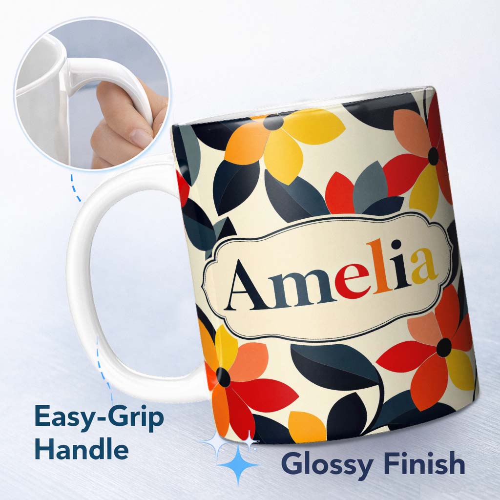 Personalized Custom Name Abstract Floral Petal Leaves Modern Seamless Pattern Name Cute 11oz Ceramic Coffee Tea Mug White Large Handle