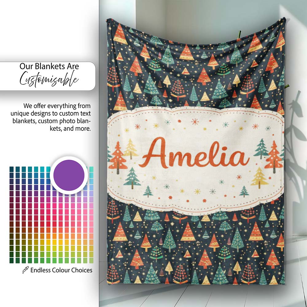 Christmas Tree Scandinavian Dark Background Seamless Pattern Lovely Personalised Custom Name Super Soft Fleece Blanket Bed Sofa Throw