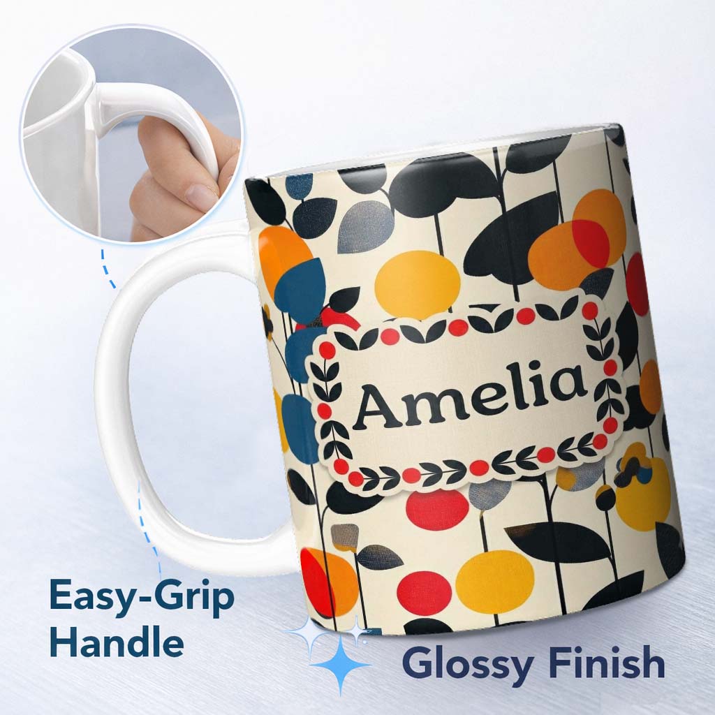 Personalized Custom Name Abstract Modern Floral Leaves and Berries Seamless Pattern Name Cute 11oz Ceramic Coffee Tea Mug White Large Handle