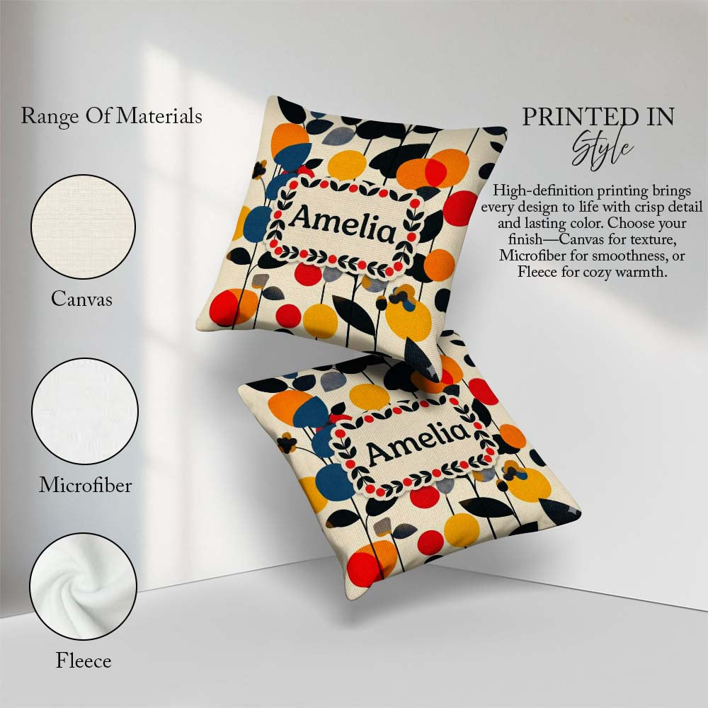 Custom Name Abstract Modern Floral Leaves and Seamless Name Cute Square Filled Cushion Throw Pillow Sofa Bed Home Decor Zip Washable UK Made