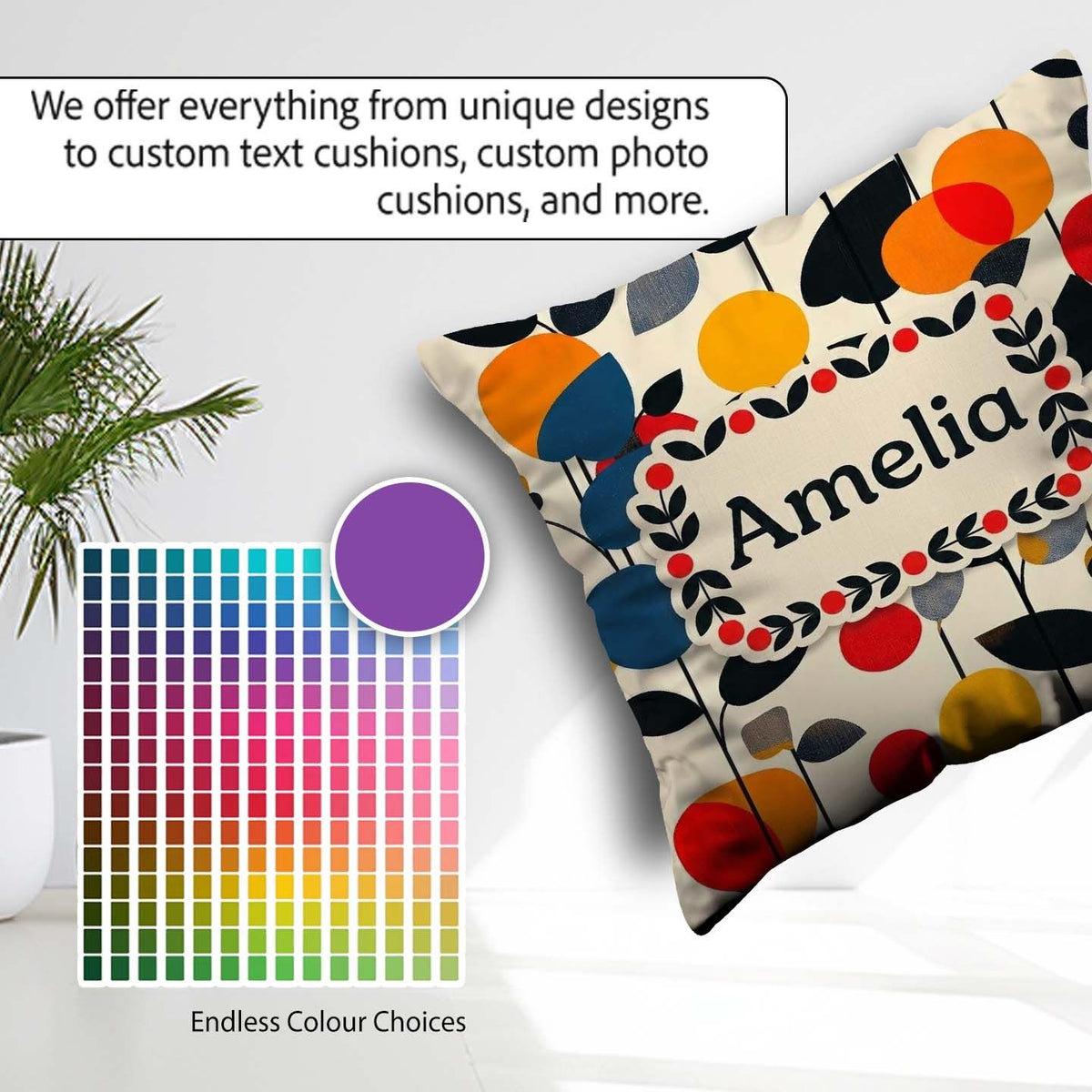 Custom Name Abstract Modern Floral Leaves and Seamless Name Cute Square Filled Cushion Throw Pillow Sofa Bed Home Decor Zip Washable UK Made