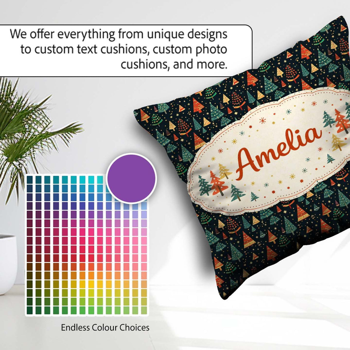 Custom Name Christmas Tree Scandinavian Dark Background Seamless Square Filled Cushion Throw Pillow Sofa Bed Home Decor Zip Washable UK Made