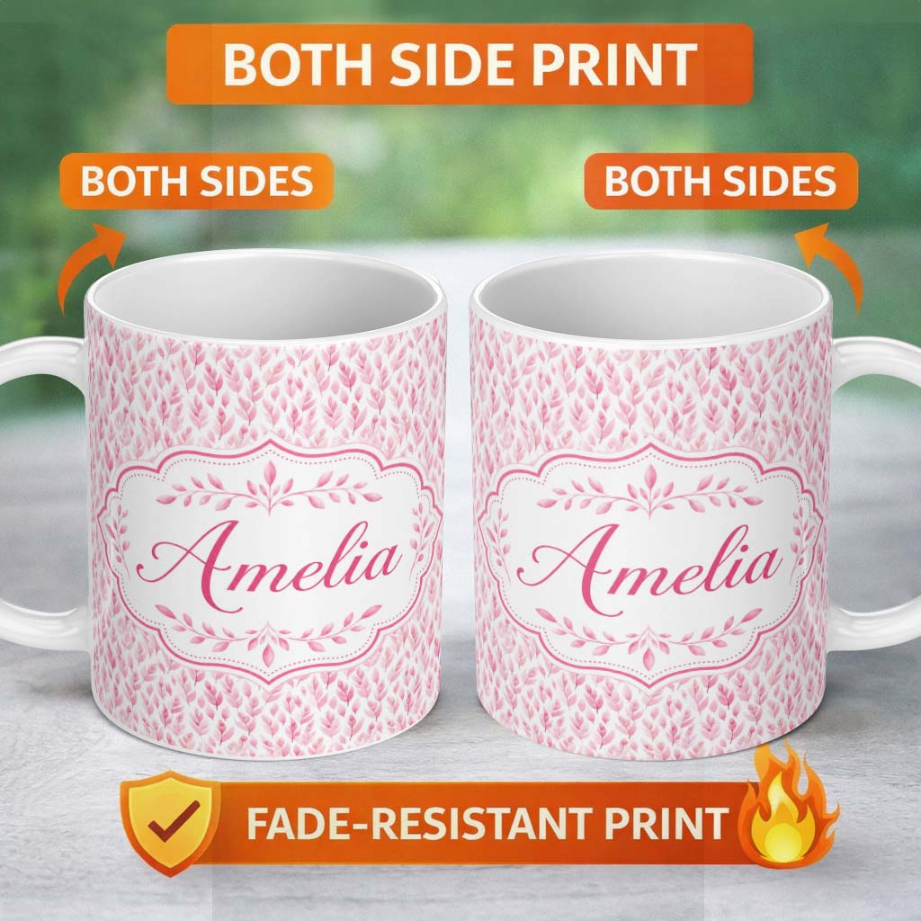 Personalized Custom Name Soft Pink Watercolor Leaf with Delicate Botanical Elements Design 11oz Ceramic Coffee Tea Mug White Large Handle