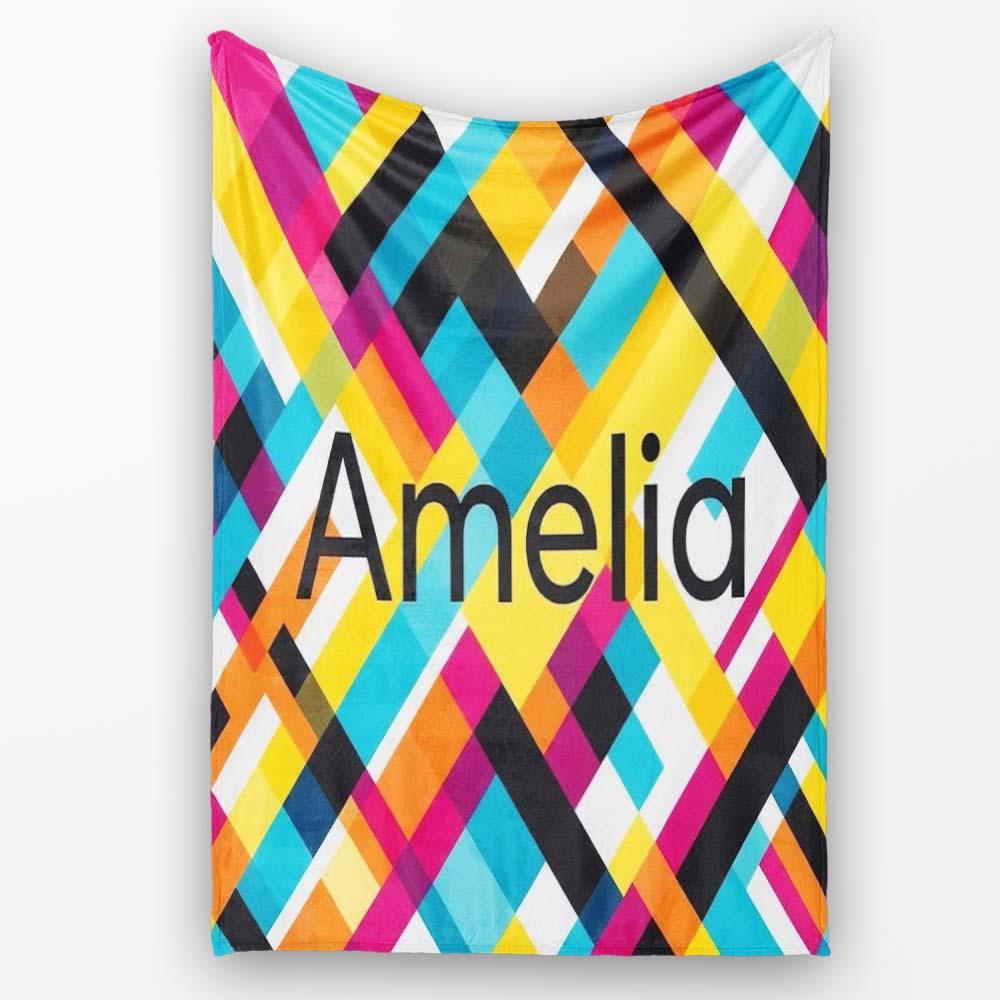 Abstract Colorful Geometric Plaid Overlay Seamless Pattern Name Cute Personalised Custom Name Super Soft Fleece Blanket Bed Sofa Throw