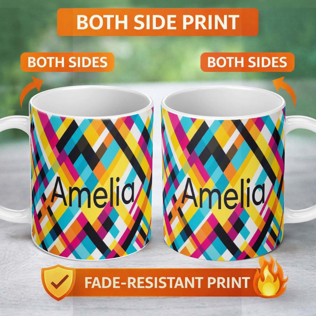 Personalized Custom Name Abstract Colorful Geometric Plaid Overlay Seamless Pattern Name Cute 11oz Ceramic Coffee Tea Mug White Large Handle