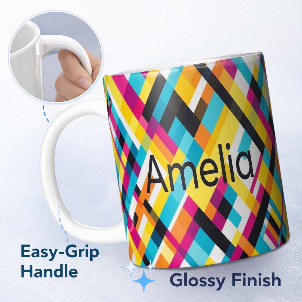 Personalized Custom Name Abstract Colorful Geometric Plaid Overlay Seamless Pattern Name Cute 11oz Ceramic Coffee Tea Mug White Large Handle