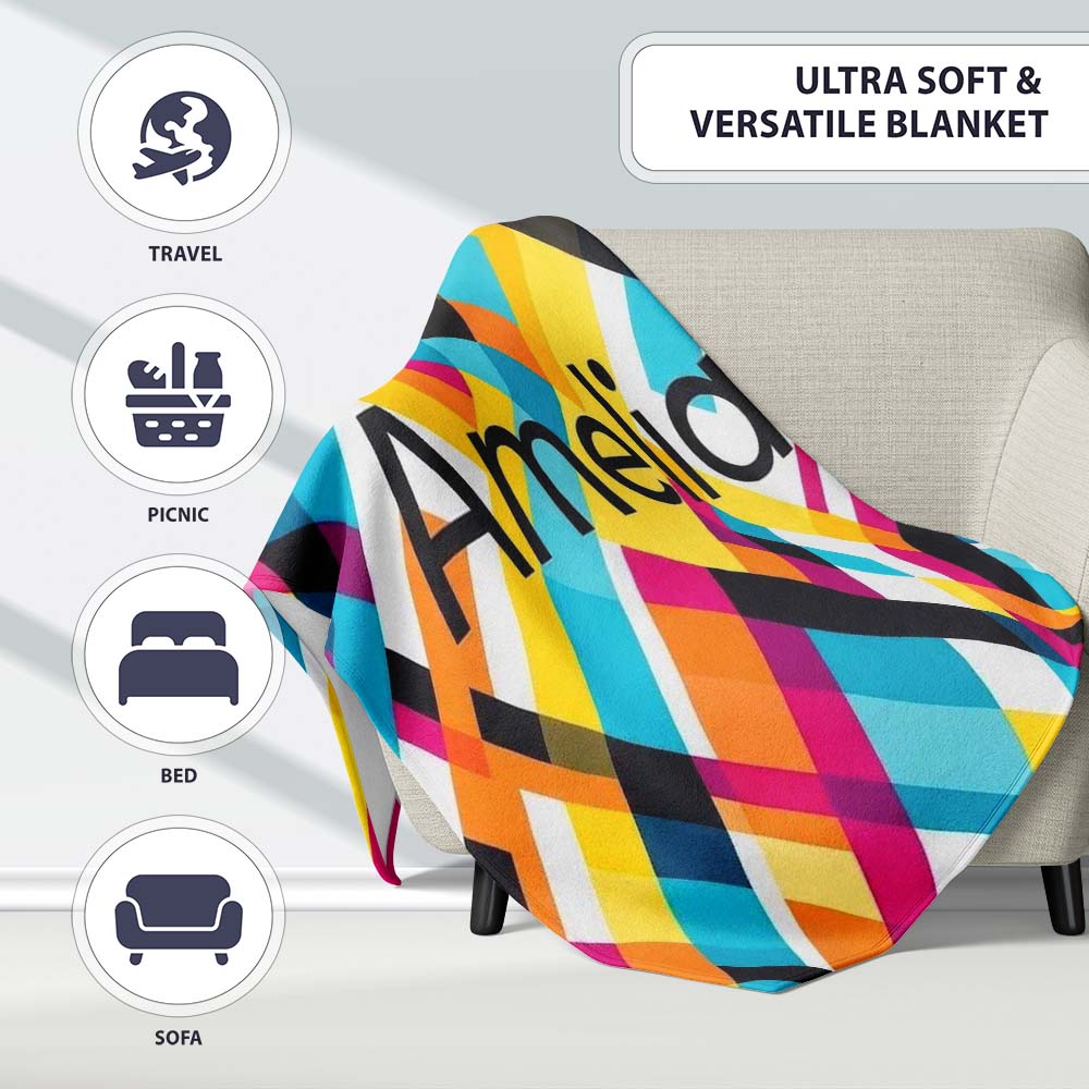 Abstract Colorful Geometric Plaid Overlay Seamless Pattern Name Cute Personalised Custom Name Super Soft Fleece Blanket Bed Sofa Throw