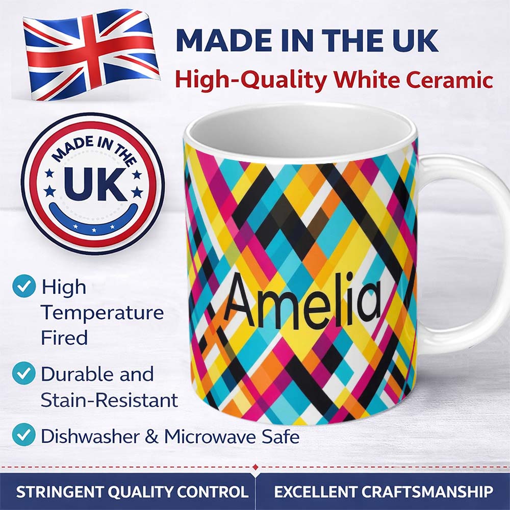 Personalized Custom Name Abstract Colorful Geometric Plaid Overlay Seamless Pattern Name Cute 11oz Ceramic Coffee Tea Mug White Large Handle