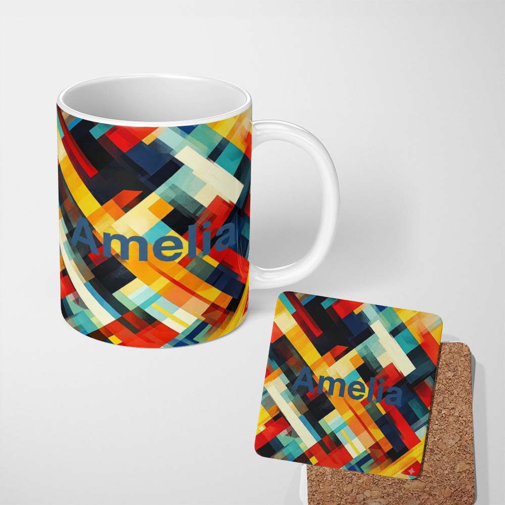 Personalized Custom Name Abstract Bold Geometric Blocks Layered Seamless Pattern Name Cute 11oz Ceramic Coffee Tea Mug White Large Handle