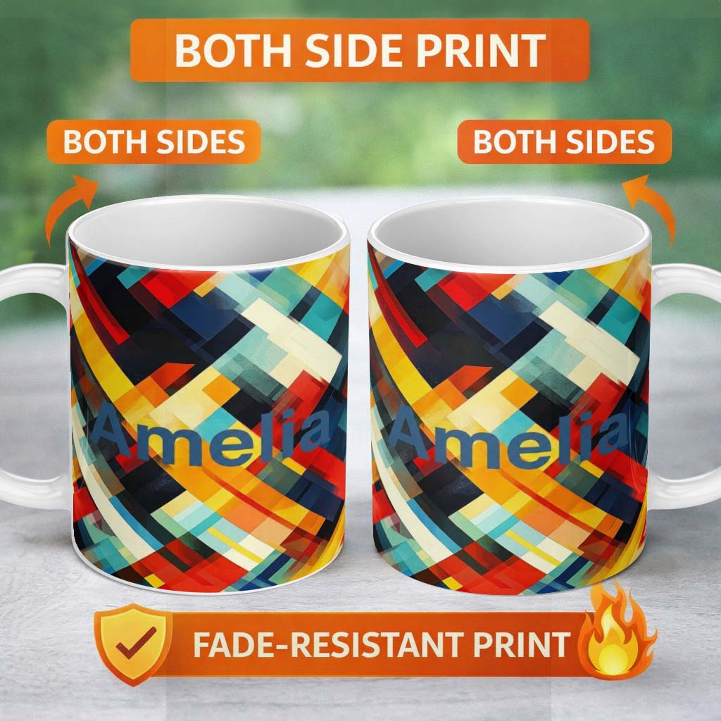 Personalized Custom Name Abstract Bold Geometric Blocks Layered Seamless Pattern Name Cute 11oz Ceramic Coffee Tea Mug White Large Handle