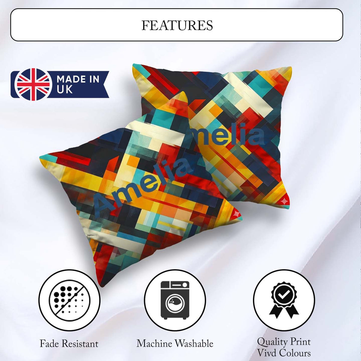 Custom Name Abstract Bold Geometric Blocks Layered Seamless Name Square Filled Cushion Throw Pillow Sofa Bed Home Decor Zip Washable UK Made
