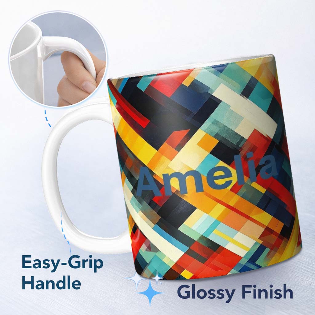 Personalized Custom Name Abstract Bold Geometric Blocks Layered Seamless Pattern Name Cute 11oz Ceramic Coffee Tea Mug White Large Handle