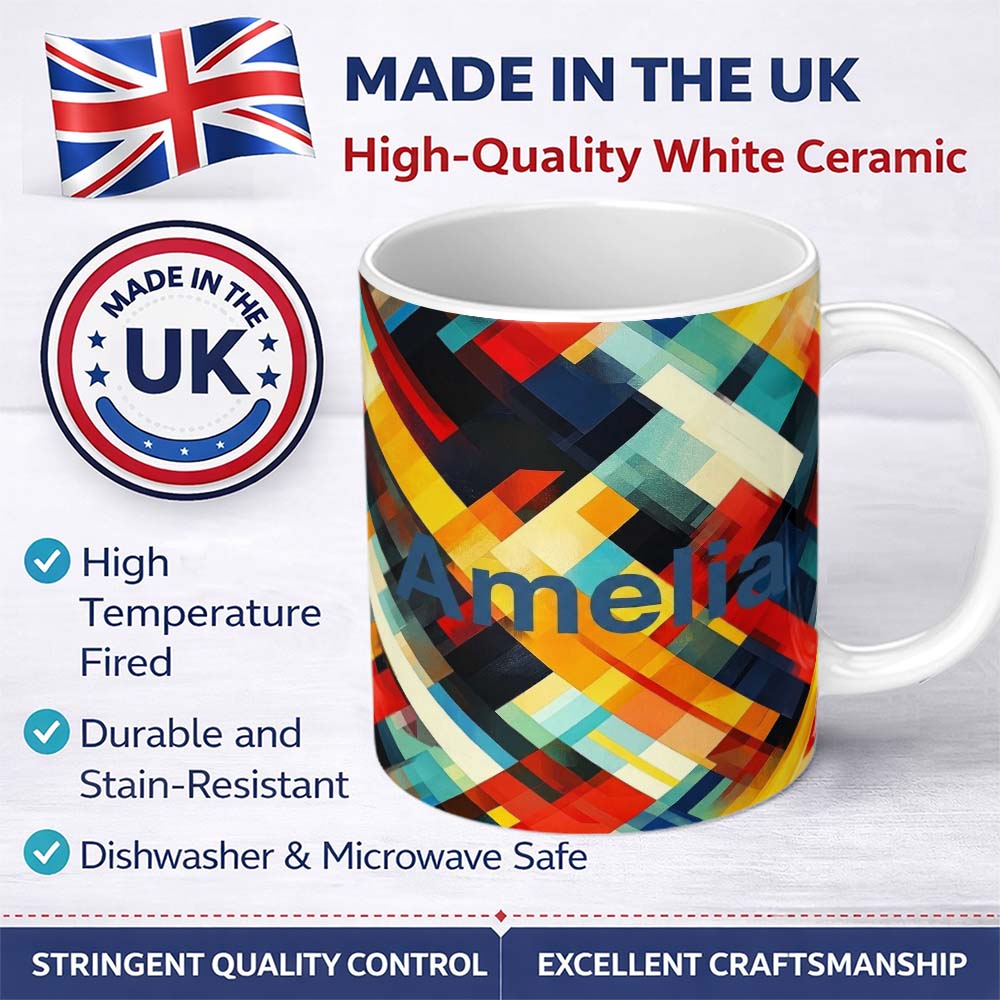 Personalized Custom Name Abstract Bold Geometric Blocks Layered Seamless Pattern Name Cute 11oz Ceramic Coffee Tea Mug White Large Handle