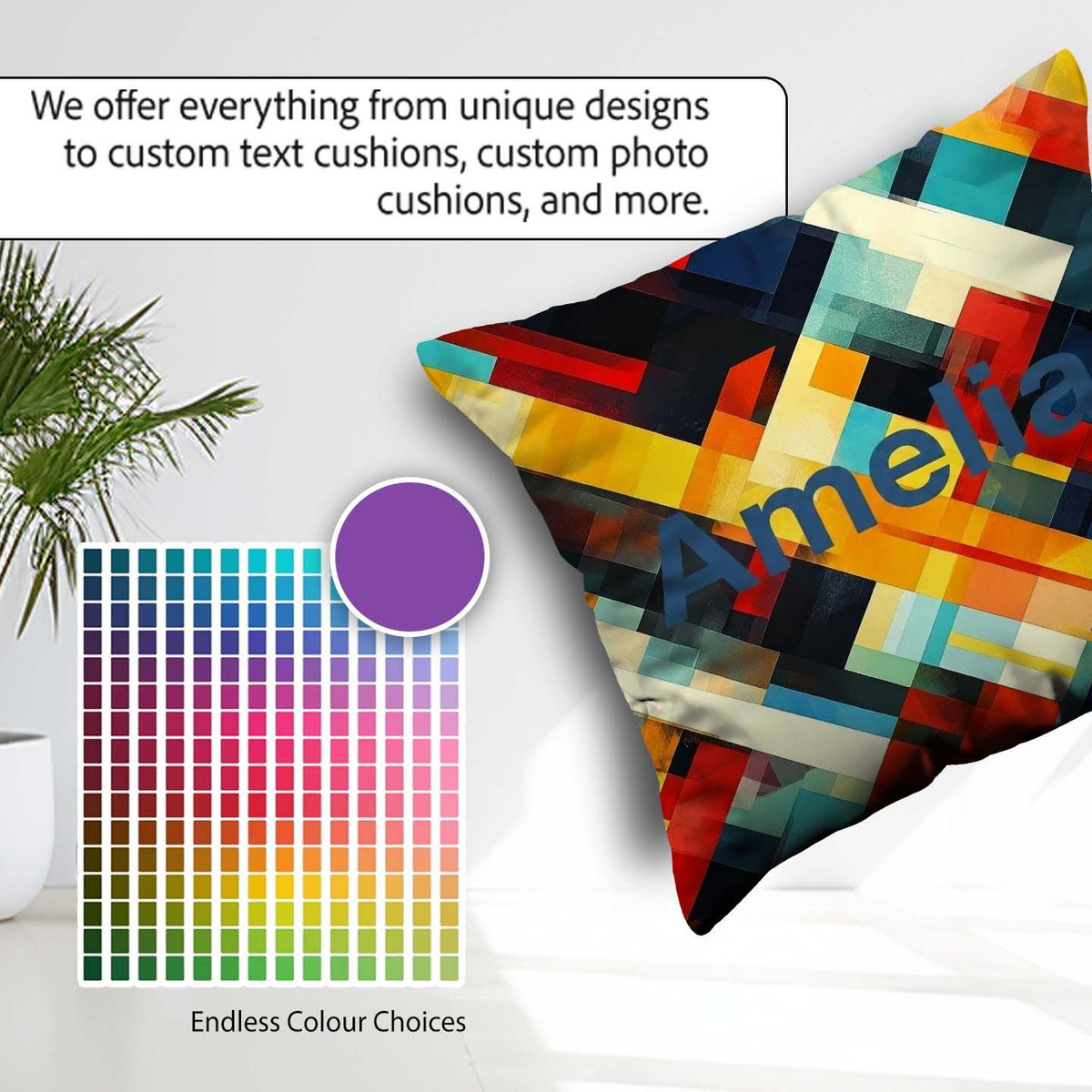 Custom Name Abstract Bold Geometric Blocks Layered Seamless Name Square Filled Cushion Throw Pillow Sofa Bed Home Decor Zip Washable UK Made