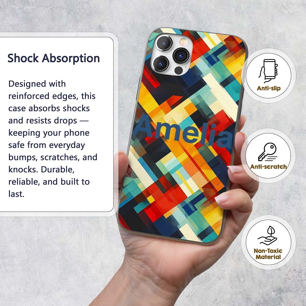 Abstract Bold Geometric Blocks Layered Seamless Custom Name Protective Phone Case Mobile Cover Durable Everyday Smartphone Shock Resistant