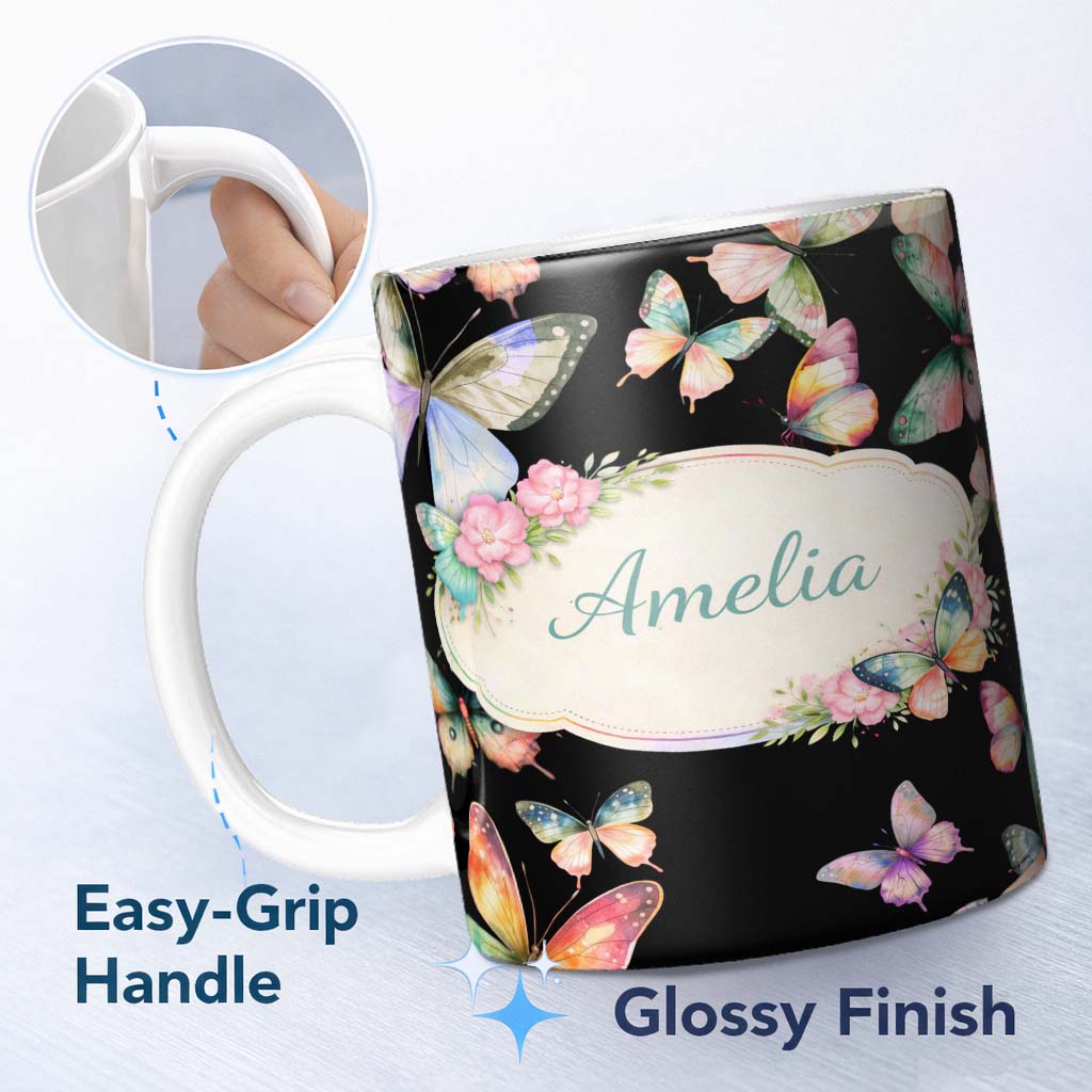 Personalized Custom Name Soft Multicolor Watercolor Butterflies Dark Background Seamless 11oz Ceramic Coffee Tea Mug White Large Handle
