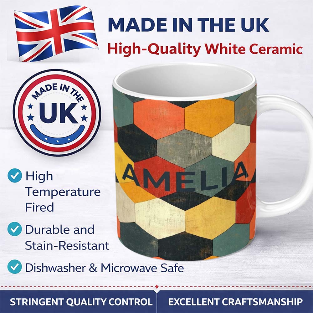 Personalized Custom Name Abstract Hexagon Texture Tiles Seamless Pattern Name Cute Unique 11oz Ceramic Coffee Tea Mug White Large Handle