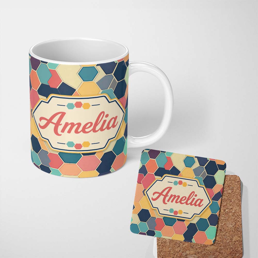 Personalized Custom Name Abstract Soft Pastel Hexagon Mosaic Seamless Pattern Name Cute 11oz Ceramic Coffee Tea Mug White Large Handle