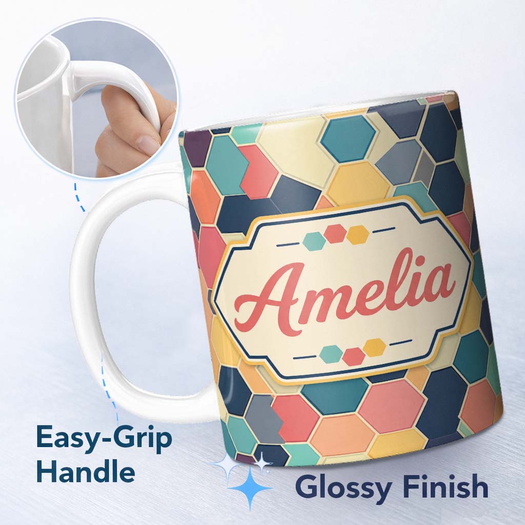 Personalized Custom Name Abstract Soft Pastel Hexagon Mosaic Seamless Pattern Name Cute 11oz Ceramic Coffee Tea Mug White Large Handle