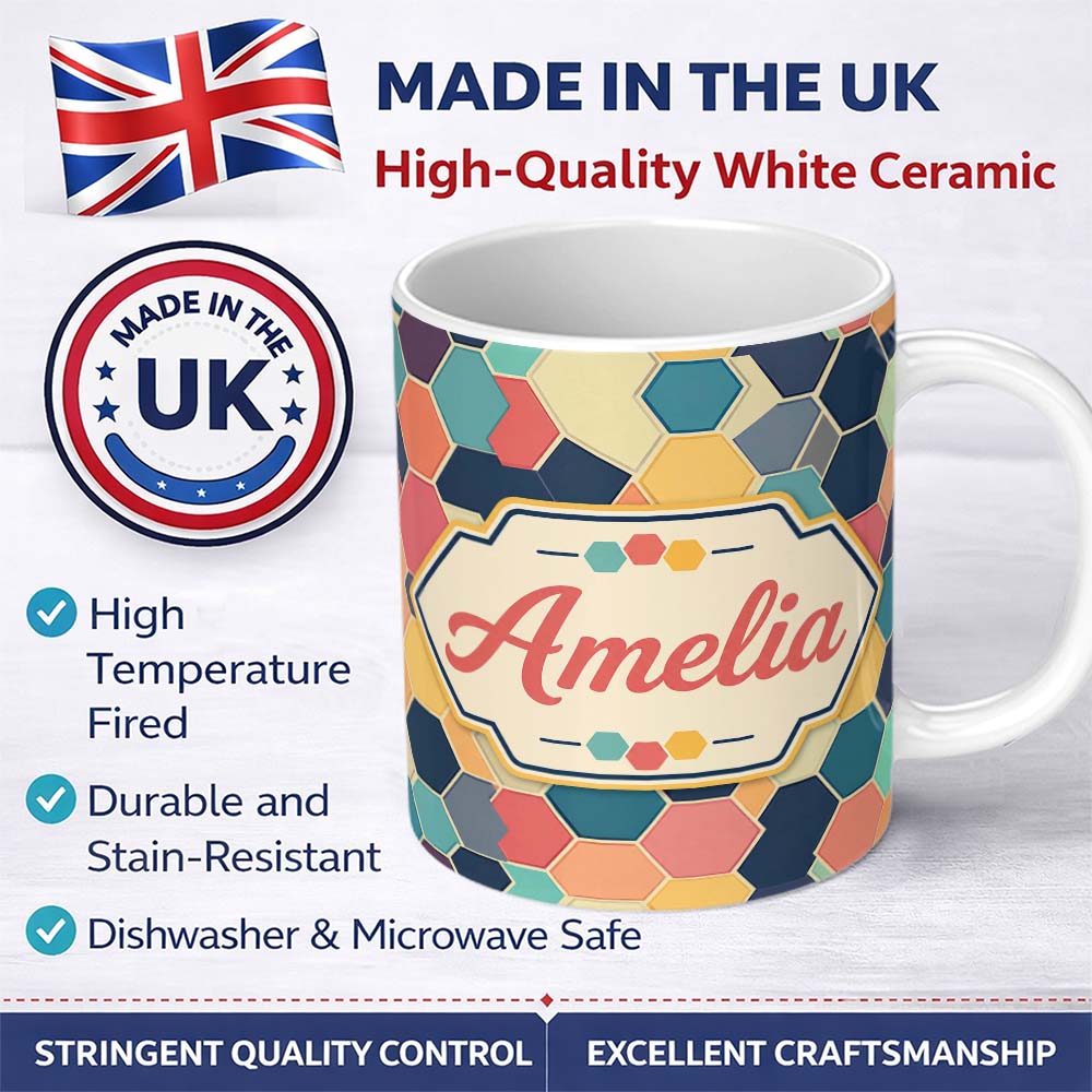 Personalized Custom Name Abstract Soft Pastel Hexagon Mosaic Seamless Pattern Name Cute 11oz Ceramic Coffee Tea Mug White Large Handle