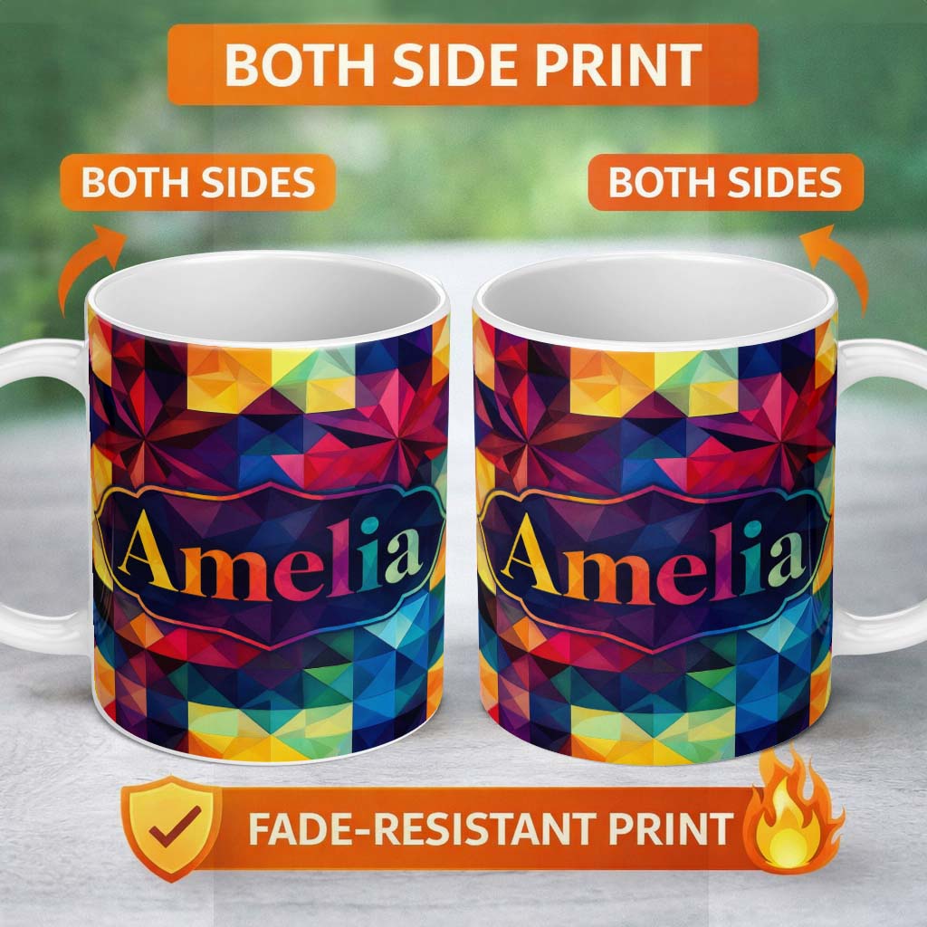 Personalized Custom Name Abstract Vibrant Polygon Crystal Shapes Seamless Pattern Name Cute 11oz Ceramic Coffee Tea Mug White Large Handle