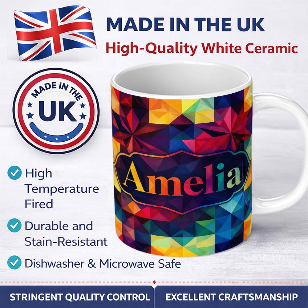 Personalized Custom Name Abstract Vibrant Polygon Crystal Shapes Seamless Pattern Name Cute 11oz Ceramic Coffee Tea Mug White Large Handle