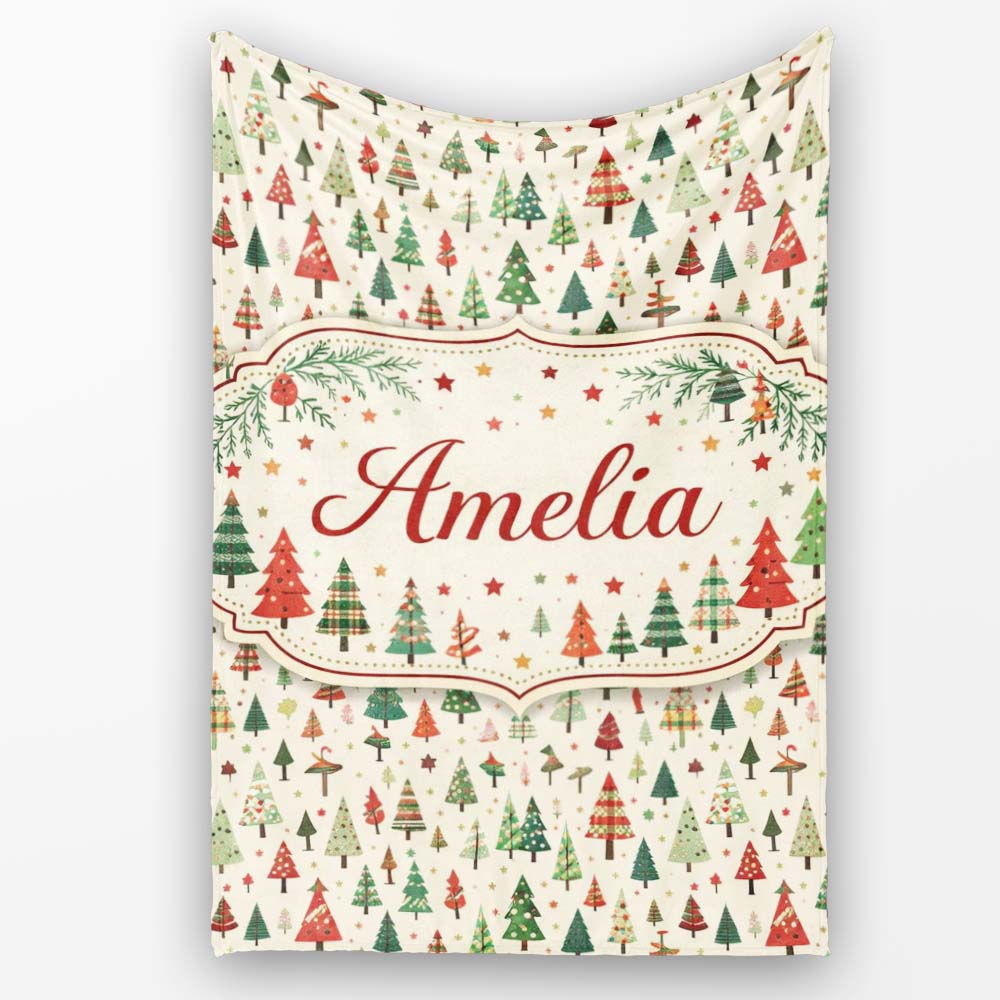 Minimal Christmas Tree Scandinavian Neutral Seamless Pattern Lovely Personalised Custom Name Super Soft Fleece Blanket Bed Sofa Throw