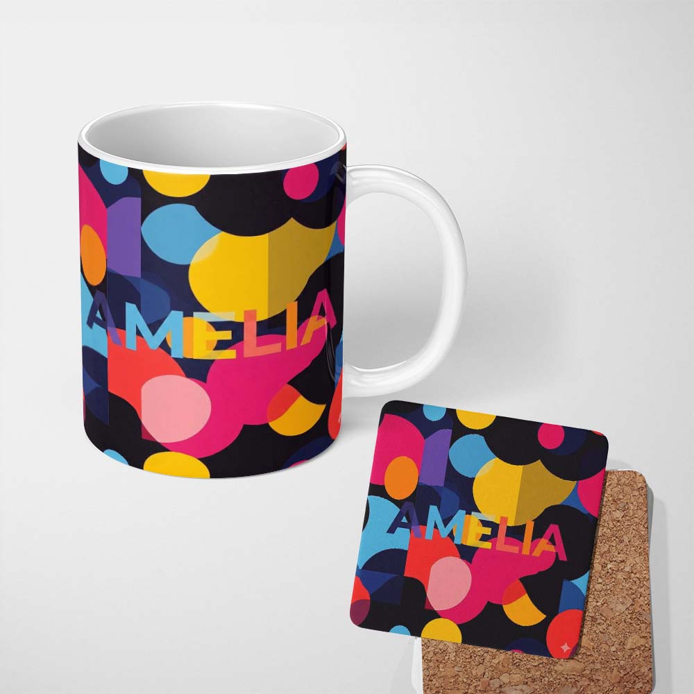 Personalized Custom Name Abstract Colorful Organic Shapes Modern Seamless Pattern Name Cute 11oz Ceramic Coffee Tea Mug White Large Handle