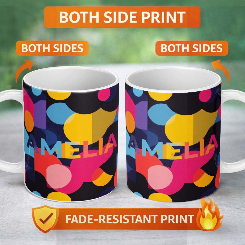 Personalized Custom Name Abstract Colorful Organic Shapes Modern Seamless Pattern Name Cute 11oz Ceramic Coffee Tea Mug White Large Handle