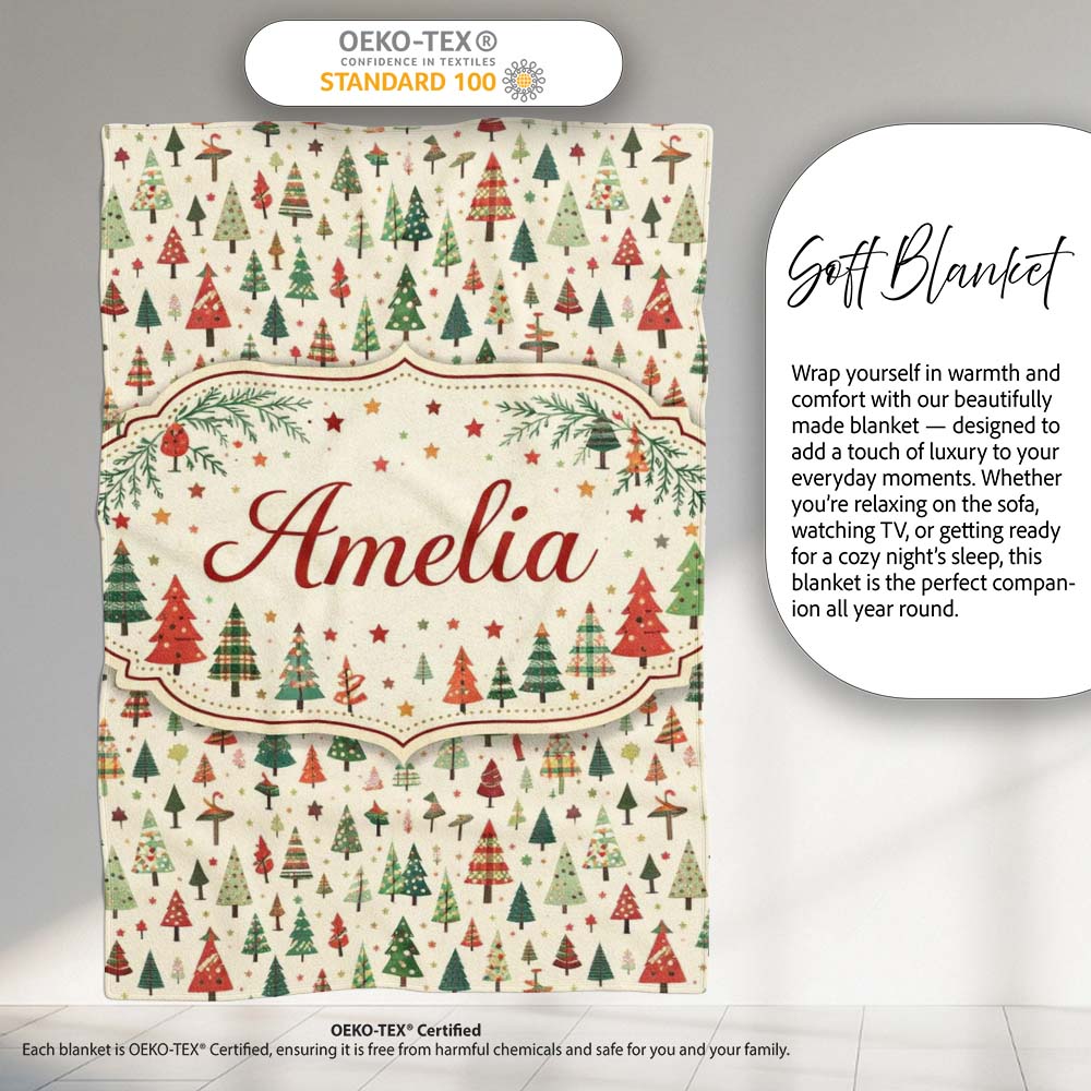 Minimal Christmas Tree Scandinavian Neutral Seamless Pattern Lovely Personalised Custom Name Super Soft Fleece Blanket Bed Sofa Throw