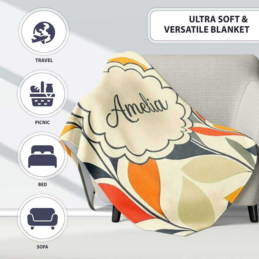 Abstract Modern Leaf Branch Pattern Soft Neutral Background Personalised Custom Name Super Soft Fleece Blanket Bed Sofa Throw