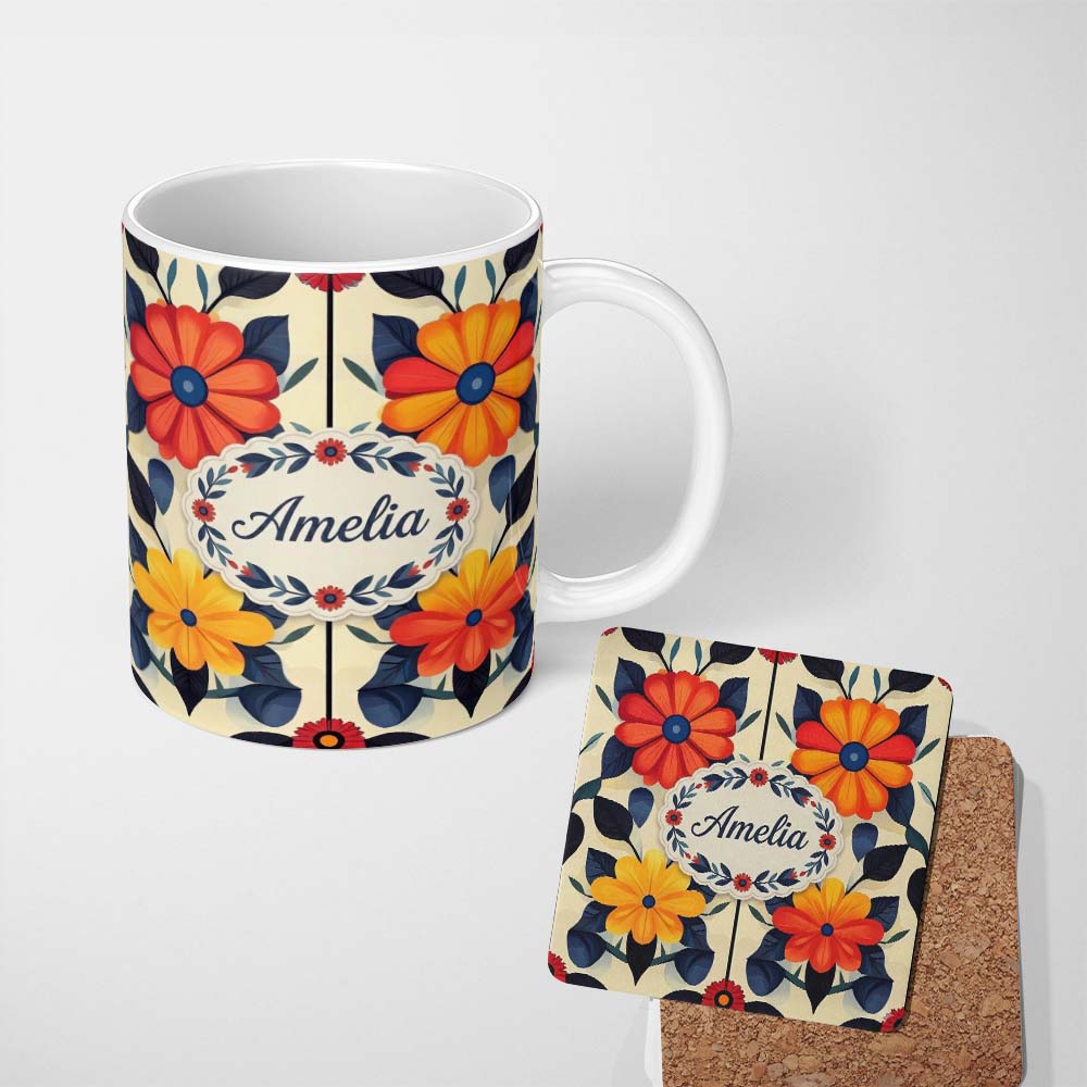 Personalized Custom Name Abstract Bold Floral Bloom Symmetry Seamless Pattern Name Cute 11oz Ceramic Coffee Tea Mug White Large Handle