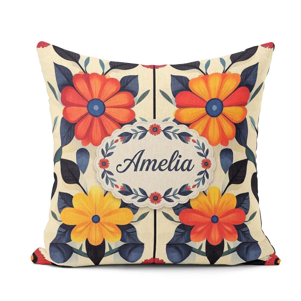 Custom Name Abstract Bold Floral Bloom Symmetry Seamless Pattern Square Filled Cushion Throw Pillow Sofa Bed Home Decor Zip Washable UK Made