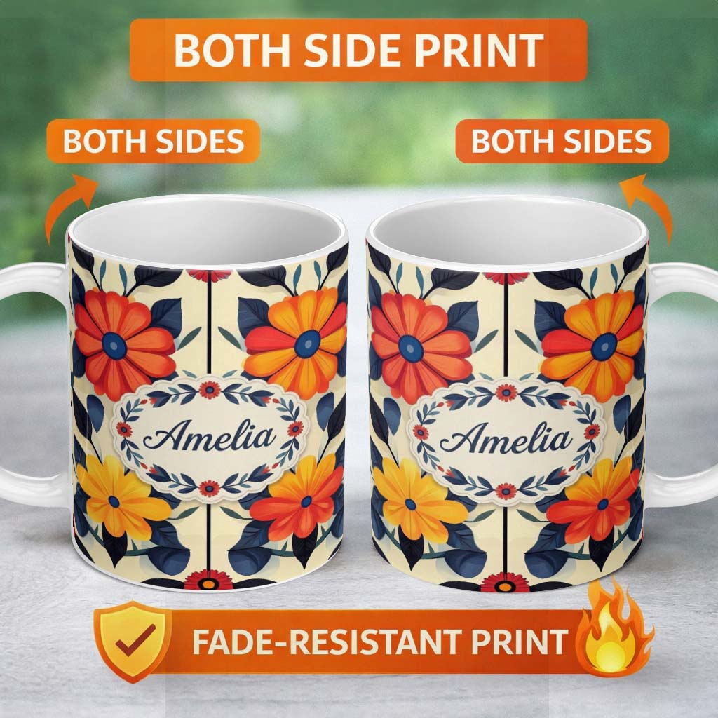 Personalized Custom Name Abstract Bold Floral Bloom Symmetry Seamless Pattern Name Cute 11oz Ceramic Coffee Tea Mug White Large Handle