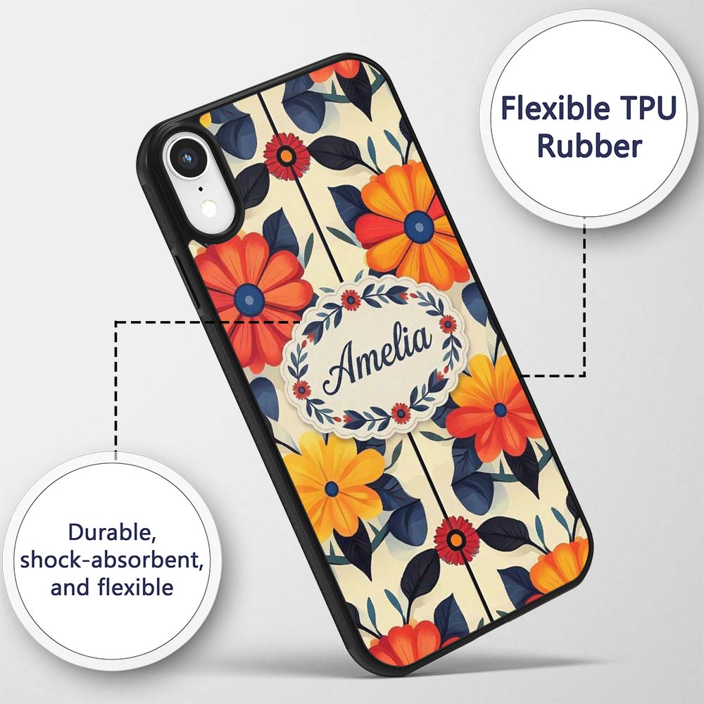 Abstract Bold Floral Bloom Symmetry Seamless Custom Name Protective Phone Case Mobile Cover Durable Everyday Smartphone Shock Resistant