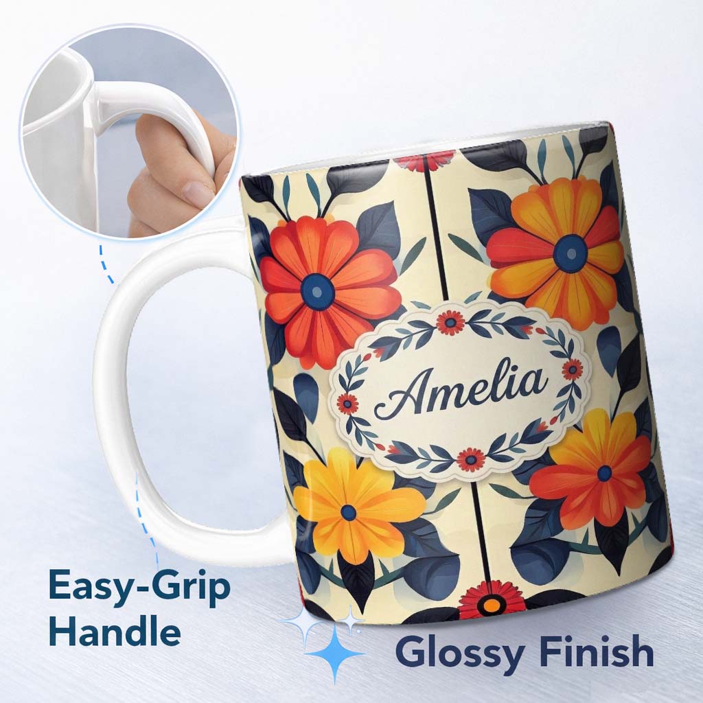 Personalized Custom Name Abstract Bold Floral Bloom Symmetry Seamless Pattern Name Cute 11oz Ceramic Coffee Tea Mug White Large Handle