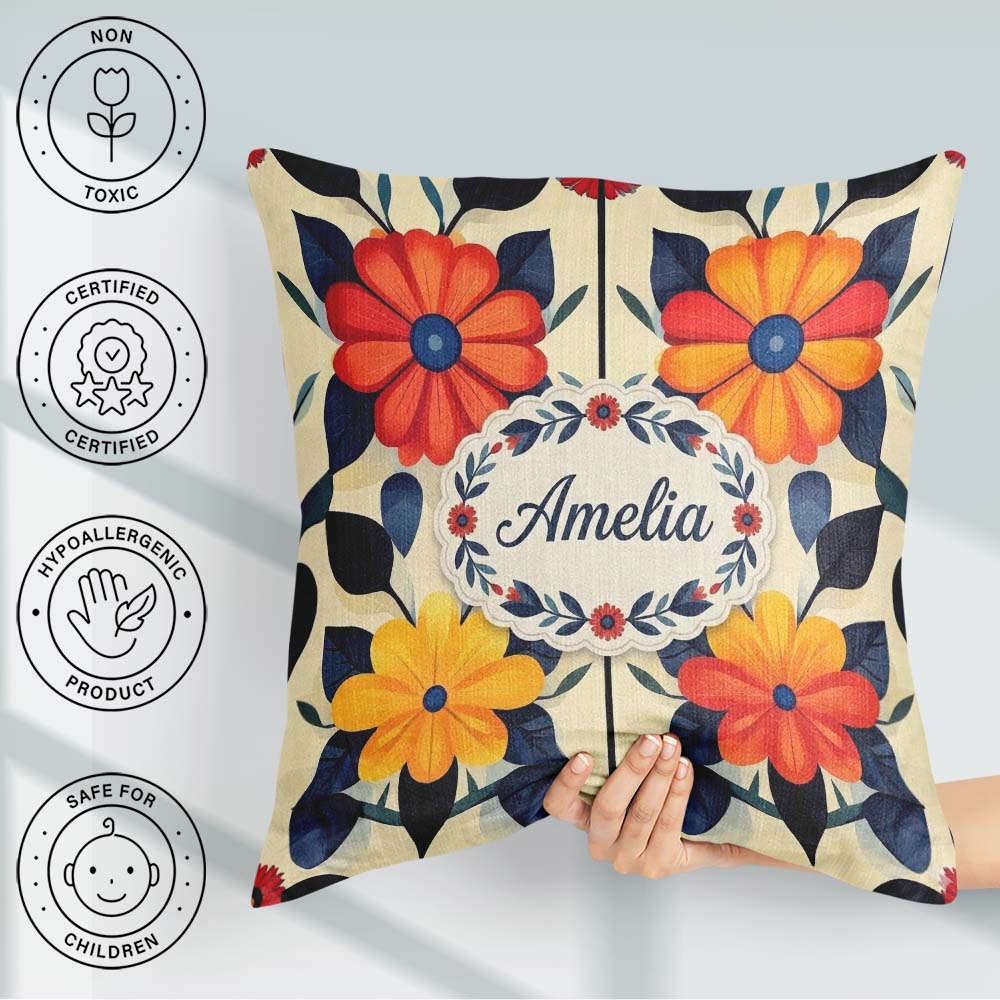 Custom Name Abstract Bold Floral Bloom Symmetry Seamless Pattern Square Filled Cushion Throw Pillow Sofa Bed Home Decor Zip Washable UK Made